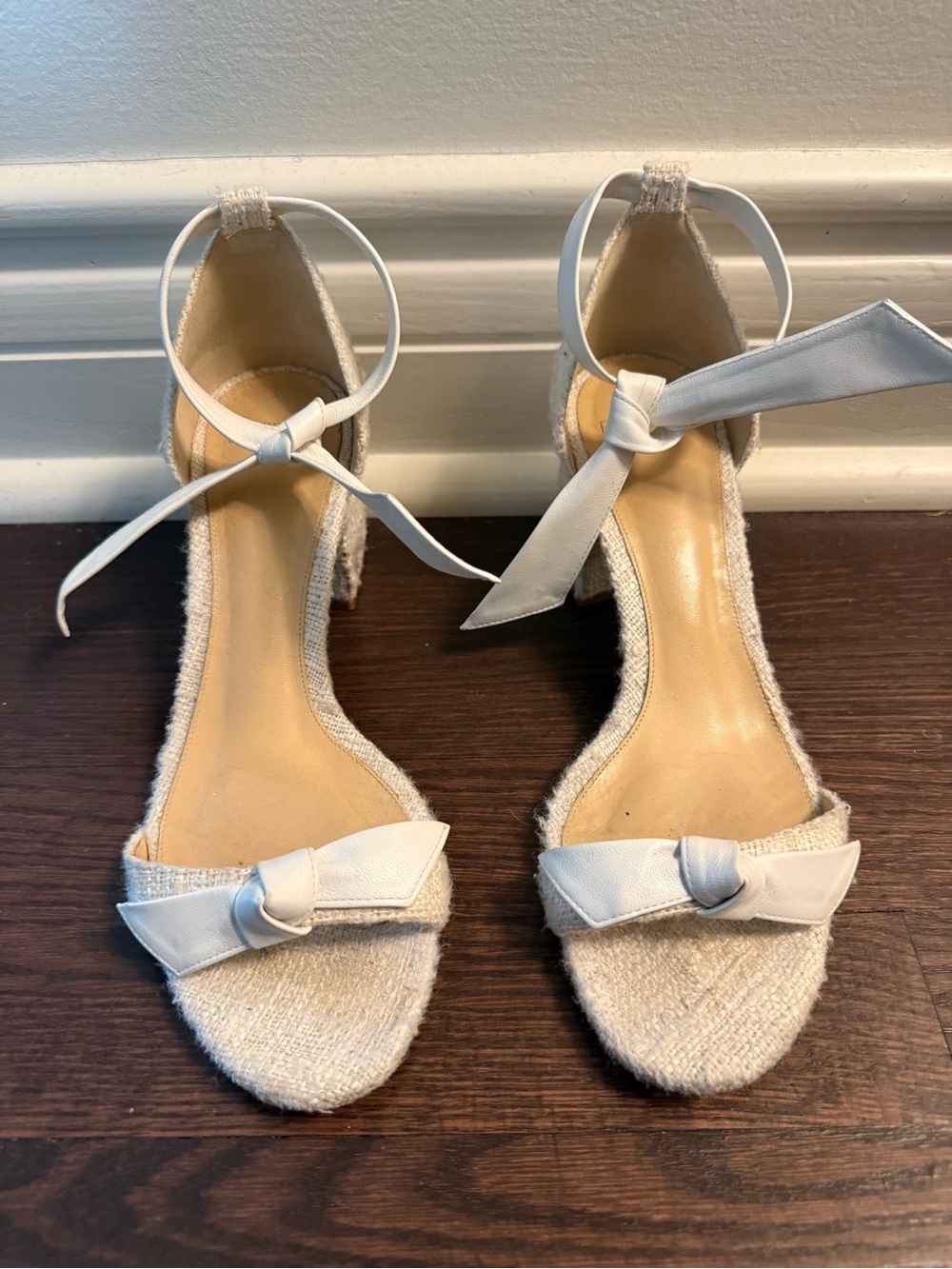 Alexandre Birman Cream Ankle-Tie Open-Toe Heels with Bow